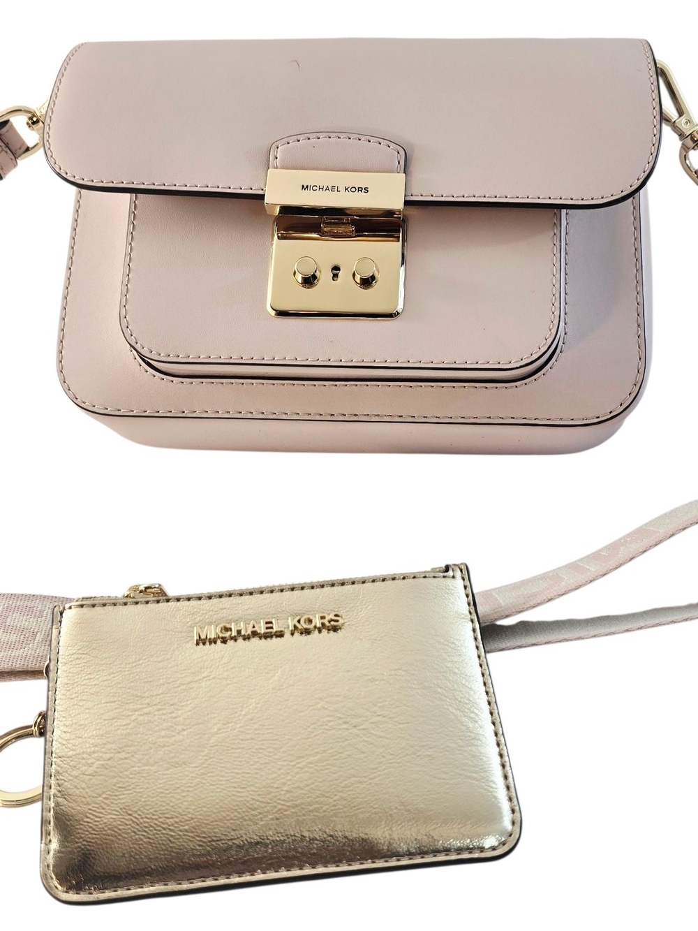Michael Kors Pink Leather Crossbody Bag with Gold Card Pouch